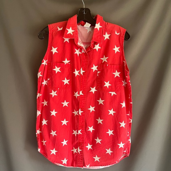 Vintage 90s Star Print Sleeveless Button Down Shirt - Picture 1 of 6